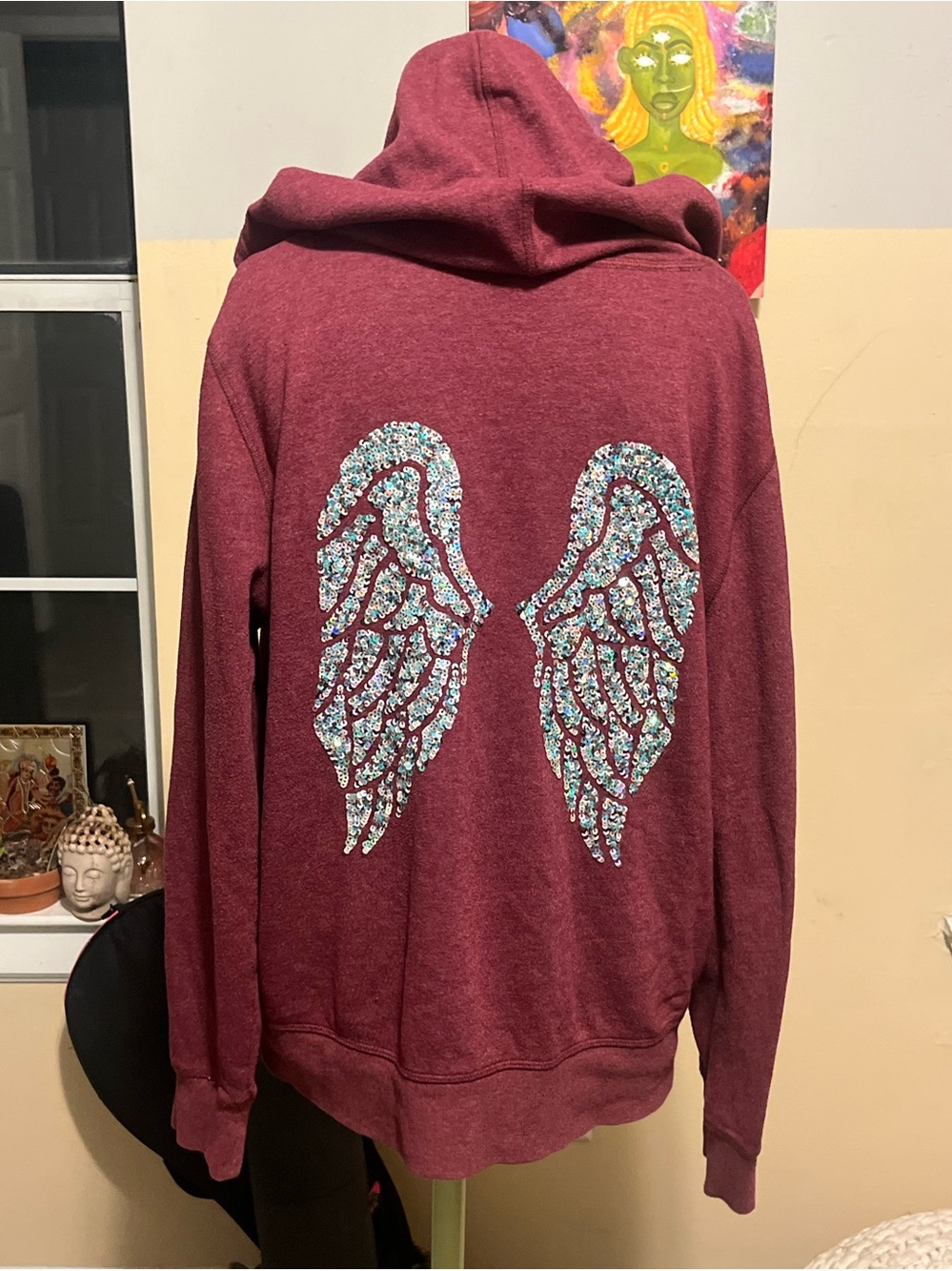 Victorias Secret Women’s Maroon Hoodie Sweater with Sequin Angel Wings